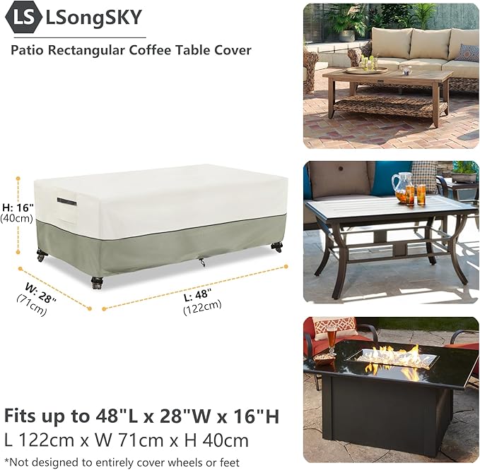 Outdoor Coffee Table Cover,Waterproof Rectangular Patio Small Side Table Cover,48 x 28 x 16 inch,Outdoor Table Covers Waterproof Rectangle,White&Grey-Green.