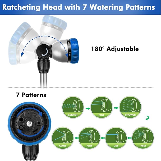 RESTMO 36”-60” Metal Watering Wand, Long Telescopic Tube | 180° Adjustable Ratcheting Head | 7 Spray Patterns | Flow Control, Perfect Garden Hose Sprayer to Water Hanging Baskets, Shrubs, Blue