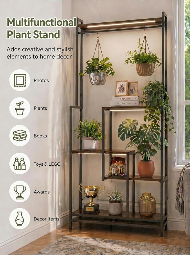 Large Plant Stand with Grow Lights 72", 5 Tier Plant Shelf with 3 Full Spectrum LED Strips & Timer, Heavy Duty Metal Plant Rack for Multiple Pot, Display Shelf for Living Room, Bedroom, Home Decor