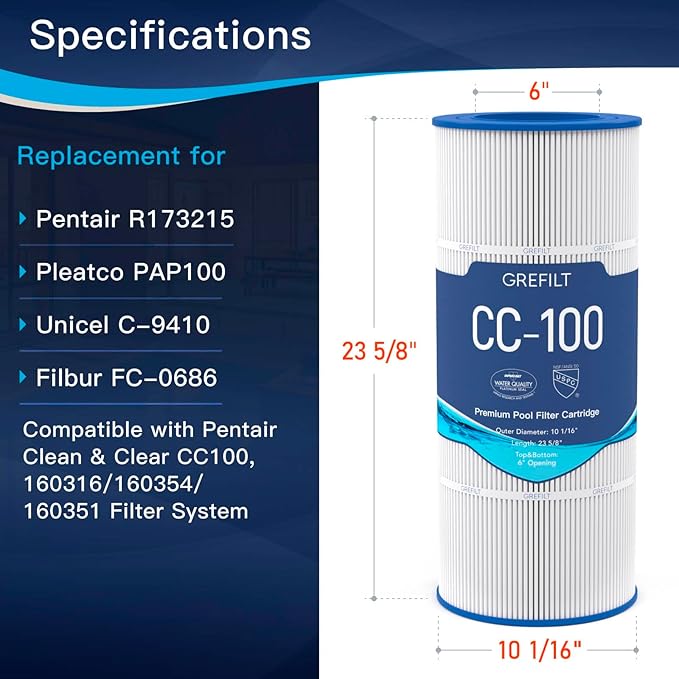 CC100 Pool Filter Cartridge, Compatible with Pentair CC100, CCRP100, Replaces Pleatco PAP100, Unicel C-9410, Filbur FC-0686, Pentair R173215, 100 sq.ft, Dimensions: 23 5/8" x 10 1/16"
