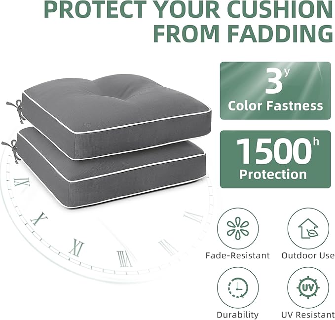 Favoyard Patio Chair Cushions 19 × 19 Inch Water Resistant & 3-Year Color Fastness Outdoor Chairs Cushion for Seat Dining Rocking Wicker Chair Cushion with Tie Straps Tufted Square Pads, Grey, 2 Pack