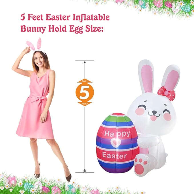Easter Inflatables White Bunny Rabbit Hold Colorful Egg Lighted Easter Blow Up Decoration Yard Garden Lawn Outdoor Decoration Front Door Holiday Decor