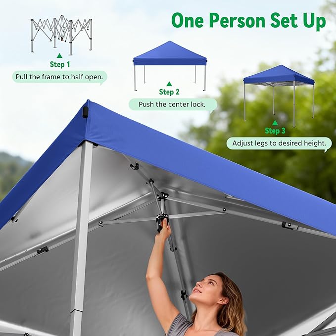 Driftalia 10x10 Pop Up Canopy Tent, Instant Setup Portable Canopy with Carry Bag, 4 Sandbags and 8 Stakes for Outdoor Events, Parties & Camping - Blue