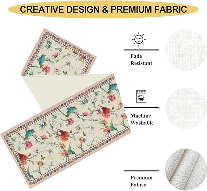 Floral Birds Table Runner, Rustic Watercolor Chinese Flower Blossom Plant Pink Boho Spring Coffee Table Center Decor for Family Kitchen and Dining Farmhouse Party Table Decorations, 13"x36"