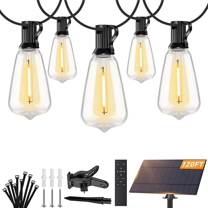 Brightever 120FT Solar String Lights Outdoor Waterproof, Patio Lights Solar Powered with Remote, 50+2 Shatterproof ST38 LED Bulbs, Dimmable&3 Lighting Modes, Hanging Outdoor Lights for Outside, Party
