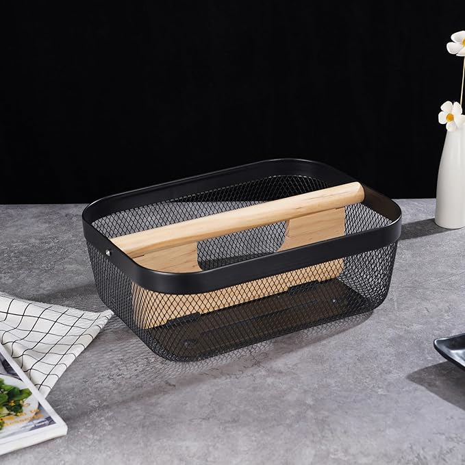 AJIODA Metal Mesh Steel Storage Basket, Garden Harvest Wire Organizer Basket Multi-functional Kitchen Fruit Basket with Wooden Removable Partition & Handle for Bathroom Picnic Decor Cabinet, Black