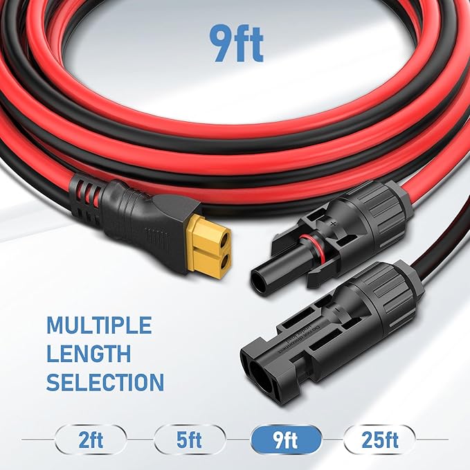 Solar Connector to XT60 Cable (12AWG 9ft) - Charging Wire for Solar Panel Ecoflow Generator, Injection Molding XT60 Adapter Extension Cord for Portable Power Station