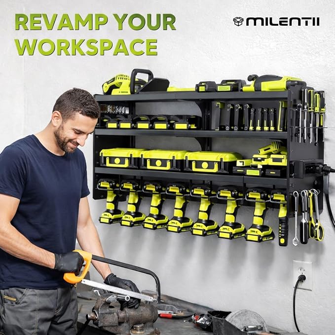 Large Power Tool Organizer Wall Mount, 6-Shelf Heavy Duty Metal Tool Storage Rack with Drill Holder Slots, Side Screwdriver Racks and Hook Bar, Wall Mounted Tool Organizer for Garage Workshop