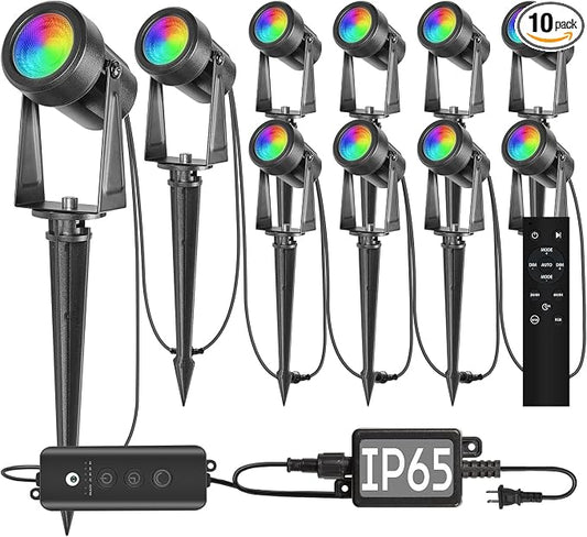 SUNTHIN Outdoor Landscape Lighting with Dusk to Dawn Sensor Controller & Remote, RGBW Color Changing Spot Uplights,10 Pack
