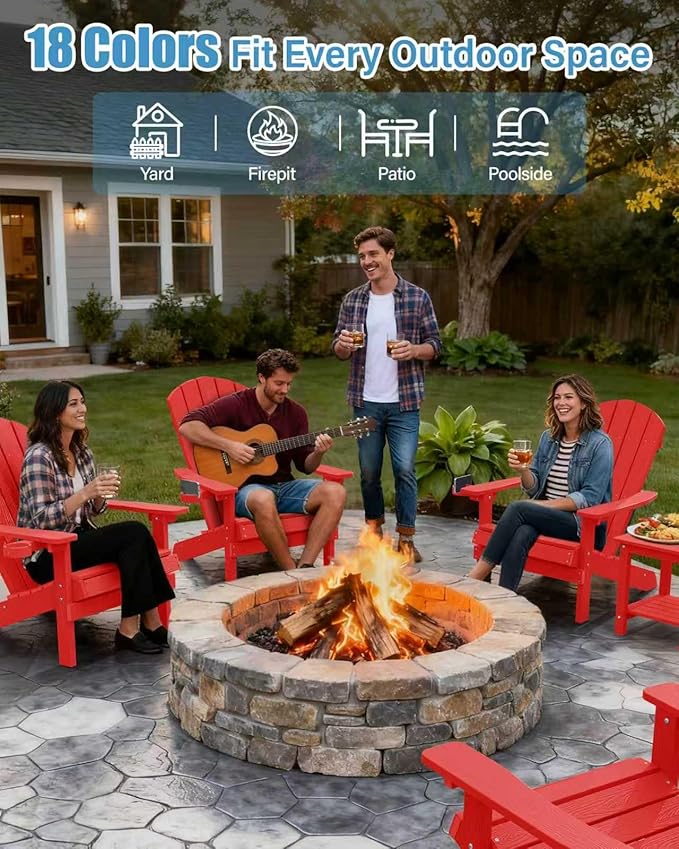YEFU Adirondack Chairs Set of 2: Plastic Adirondack Chairs - Patio Chairs with Wood Texture - Outdoor Chair HIPS - Lawn Fire Pit Deck Porch Garden Chairs for Adults (Red)