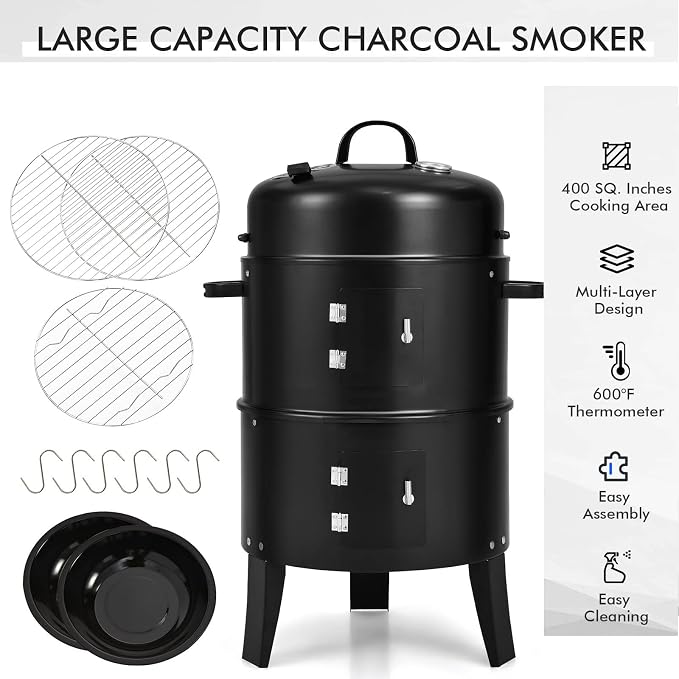 Giantex 3-in-1 Outdoor Smoker Grill, Portable Charcoal BBQ Grill, Built-in Thermometer and Air Vent, 6 Hooks, 2 Layers Vertical Steel Charcoal Smoker for Outdoor Cooking Camping