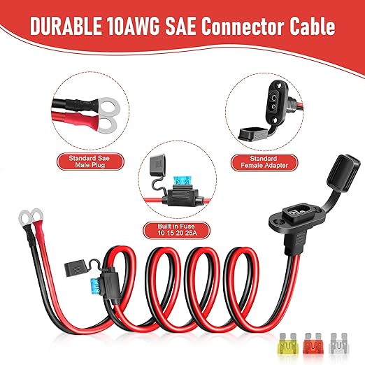 SAE to O Ring Connector 5FT 10AWG, SAE Battery Quick Connect Plug Waterproof Extension Cable for Solar Panel, Street & Road Glide Motorcycle Charging Port Upgrade, RV, Solar Generator Battery Charger