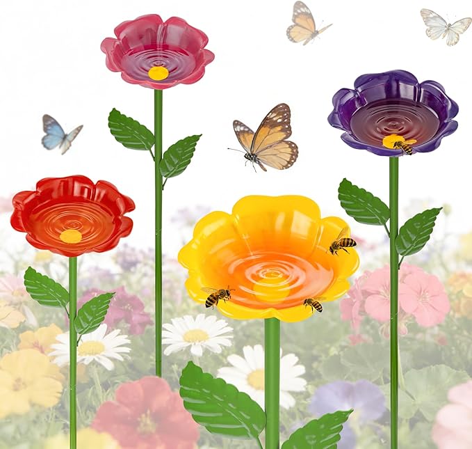 Mellbree Bee Watering Station, 4-Pack Metal Flower Bee Bath for Garden – Attract Butterflies & Pollinators – Colorful Outdoor Gardening Stakes for Yard, Patio, Butterfly Garden, Gardening Essentials