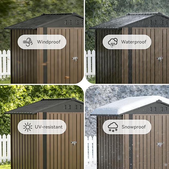 COMHOMA Shed Storage Outdoor Metal Windowed Lockable Solar Motion Light Adjustable Weatherproof Ventilated Backyard Garden Utility Workshop(Brown,6'*4')