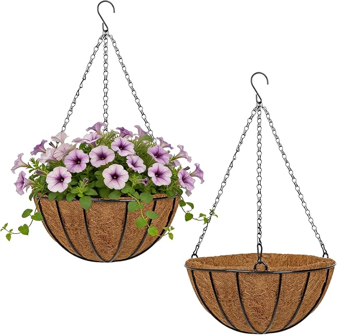 12 Inch Metal Hanging Basket with Coco Coir Liner for Flowers Planting, 2 Pack Hanging Baskets for Plants Outdoor, Round Wire Planters with Chain for Home Patio Porch Balcony Garden Decor