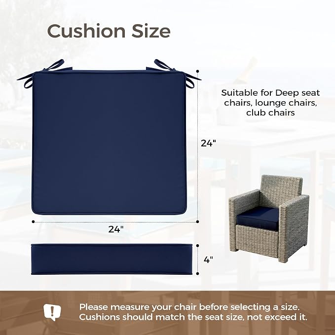 UNIKOME Outdoor Chair Cushions Set of 4, Water Resistant Patio Seat Cushions with Ties for Outdoor Furniture, High-Density Foam, UV & Fade Resistant, Piped Edge – 24" x 24" x 4", Navy