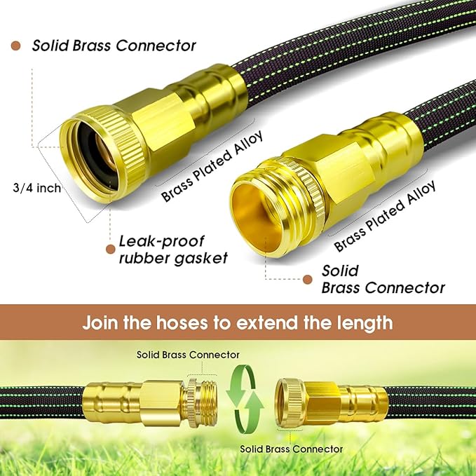 10FT Lightweight Garden Hose,Flexible Water Hose with Solid Brass Head,Kink-Free,Collapsible Hose,High Pressure Flat Water Hose for RV,Boat,Car Wash,Garden,Yard,Camper,Outdoor (Green-Black, 10 Feet)