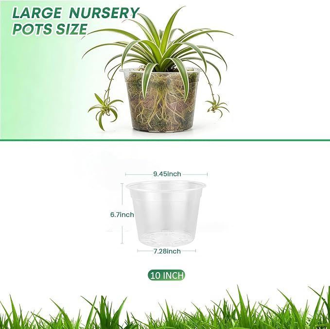 5 Pack 10 Inch Large Clear Nursery Pots with Drainage Hole, Plastic Plant Pots for Seedlings Flowers Vegetables, Indoor Outdoor Gardening, Used as Liners Inside Decorative Pots (10 inch)