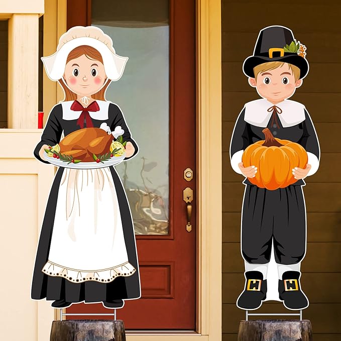 Capoda Large Thanksgiving Pilgrim Yard Sign Pilgrim Boy and Girl Pumpkin Turkey Outdoor Decoration Happy Fall Lawn Sign with H Stands for Autumn Thanksgiving Garden Decor, 33 x 12.6 Inch