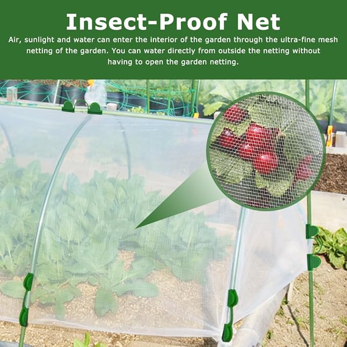 Garden Netting Kit for Raised Beds, 10x30FT Ultra Fine Mesh Netting, 36pcs Greenhouse Hoops 8ft Tunnel, Detachable Hoop House Frame for Row Cover, Bird Netting, Plant Covers