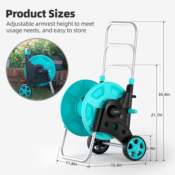 Garden Hose Reel for Outside,Hold Up to 100 ft of 5/8’’ Hose,Portable Hose Reel Cart with Adjustable Armrests and 2 Wheels,Durable Water Hose Holder for Garden, Yard, Lawn
