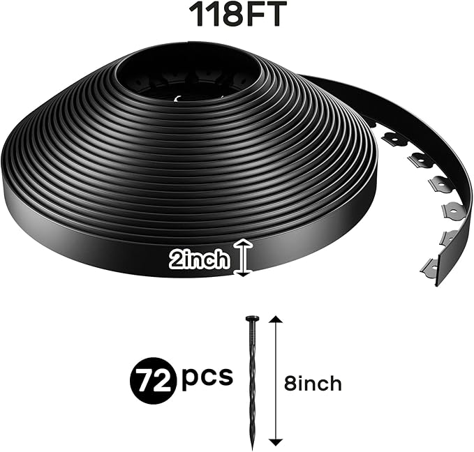 AGTEK 118FT Plastic Landscape Edging Kit 2inch Height No-Dig Garden Edging Border Lawn Edging Roll for Flower Bed Lawn Yard, Black, with 72 Anchoring Spikes