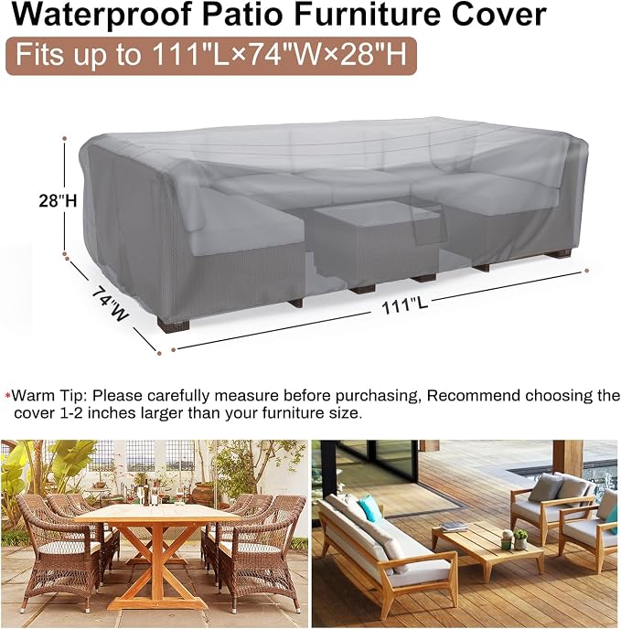 Mrrihand Heavy Duty Patio Furniture Covers, Outdoor Furniture Covers Waterproof Sectional Sofa Set , Patio Table and Chair Set Cover 111"L×74"W×28"H,Grey
