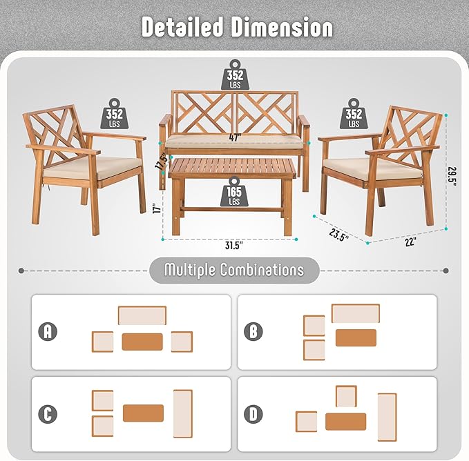 Werph Outdoor Patio Furniture Set, 4 Piece Patio Sofa Bench and 2 Single Sofa Chairs with Table & Padded Cushions, Acacia Wood Outdoor Patio Lounge Conversation Set for Deck Backyard Balcony
