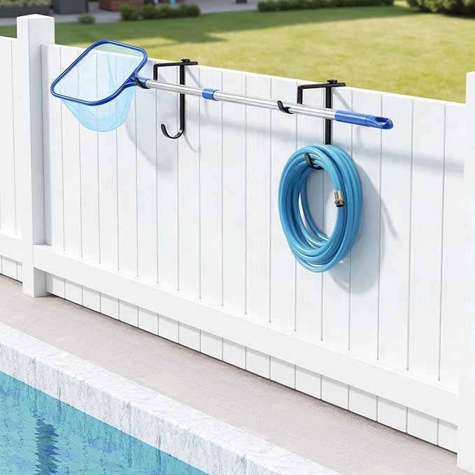 niffgaff 2pcs Double Pool Pole Hooks, Adjustable Thickened Panel Pool Fence Equipment Hooks Metal Hangers for Hanging Tool for Vinyl Fence Pool, Wall, Skimmers, Hose, Swimming Pool Accessories
