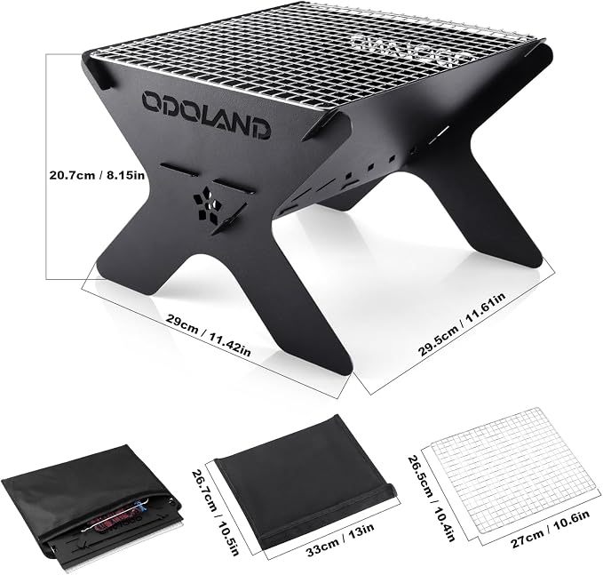 Odoland Camping Campfire Grill, Portable Folding Charcoal Grills, Backpacking BBQ Grill, Heavy Duty Firepit Grill with Carry Bag for Outdoor Cooking, Bonfire, Patio, Backyard
