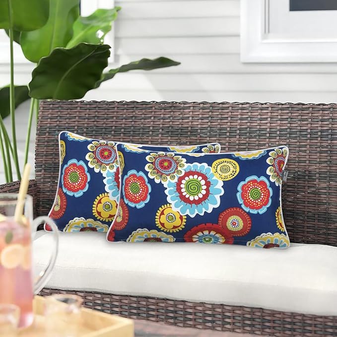 Magpie Fabrics Pack of 2 Outdoor Lumbar Pillow Case Covers 12"x20", Waterproof Rectangular Throw Pillowcase Shell Decorative Sham for Patio Garden Couch - Floral Navy