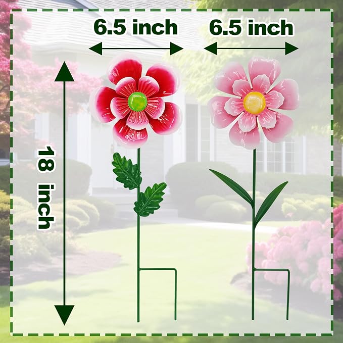 2 Pack Metal Flower Wind Spinner for Yard, 18in Outdoor Garden Stake with Retro Floral Design, Kinetic Patio Lawn Art, Weather Resistant Spring Decor
