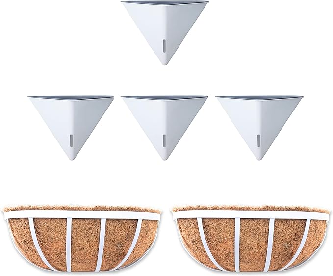 LaLaGreen Bundle- 4 Pack, 12 Inch Large White Self Watering Pot + 2 Pack, 16 Inch Metal Basket with Coco Liner Horse Trough Wall Rail Window Patio Porch Flower Box Geometric Hanging Indoor Vase Decor