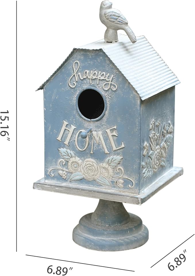 Rustic Blue Metal Bird House, Decorative Bird House with Happy Home Accents & Bird Topper, Standing Design Bird Home - Ideal Outdoor Garden Decor