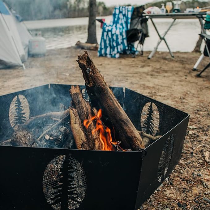 Camco Portable 27 x 8.5" Outdoor 6 Piece Collapsible Steel Campfire Ring with Storage Bag for Safe Natural Wood Burning Fires