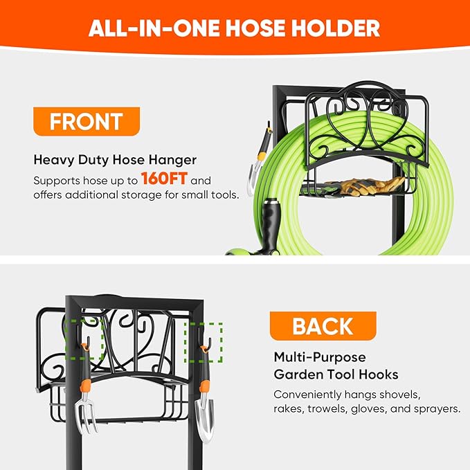 Stable Garden Hose Holder with Storage Basket and Tool Hooks, Heavy-Duty Garden Hose Storage Metal Hose Hanger Holds 160Ft, Rustproof Freestanding Water Hose Holder for Outside,Yard,Lawn,Farm