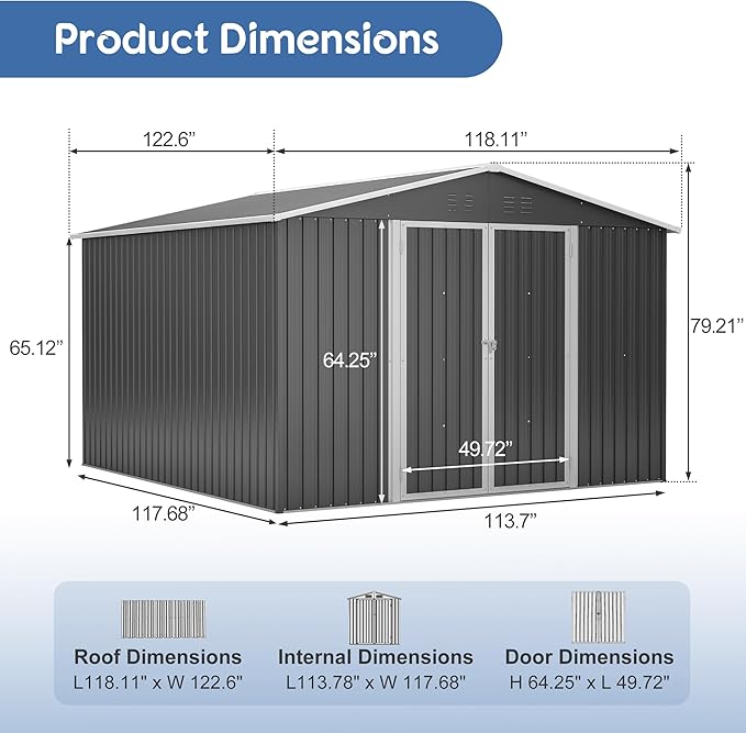 YOPTO 10x10 FT Outdoor Storage Shed,Large Metal Tool Sheds with Updated Frame Structure and Lockable Doors, Garden Shed for Backyard Patio Lawn, Black