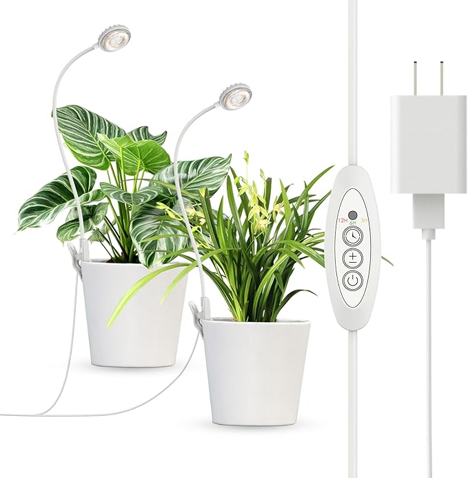 Clip-On Grow Lights for Indoor Plants, 2-in-1 LED Grow Lamp,4000K Sunlike Full Spectrum Plant Lights, 4-Level Dimmable with 3/6/12H Timer, Flexible Gooseneck,14W White Plant Grow Lights
