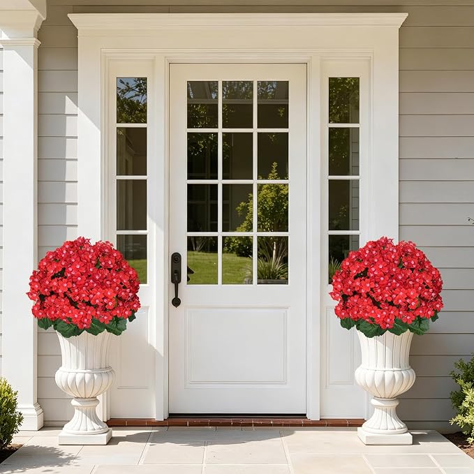Grooy Artificial Plants Flowers Topiary Ball for Outdoor, 2 Pack Fake Silk Crabapple Flower Plant Bushes, UV Resistant Realistic Plants Shurbs for Outside,Front Porch,Patio,Yard(Red)