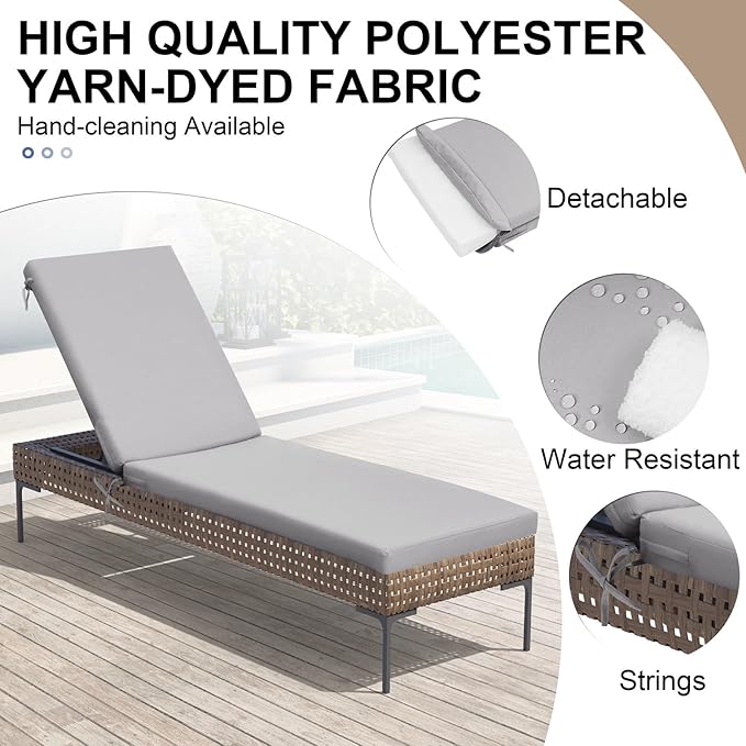Crestlive Outdoor Chaise Lounge Cushions, 3 Years Fade Resistant Water Resistant Lounge Chair Cushion, 80''L x 23''W, Set of 2, Light Gray