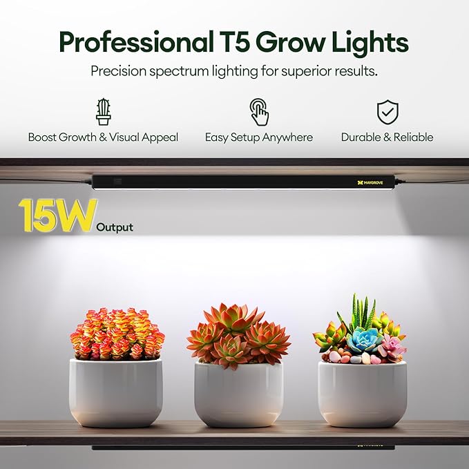 Maygrove T5 Grow Lights for Indoor Plants 2FT, Blue-Rich Full Spectrum 5000K Grow Light, 60W(4 x 15W), Grow Light Strips for Seed Starting, Greenhouse, High PPFD, Linkable, Black, 4-Pack