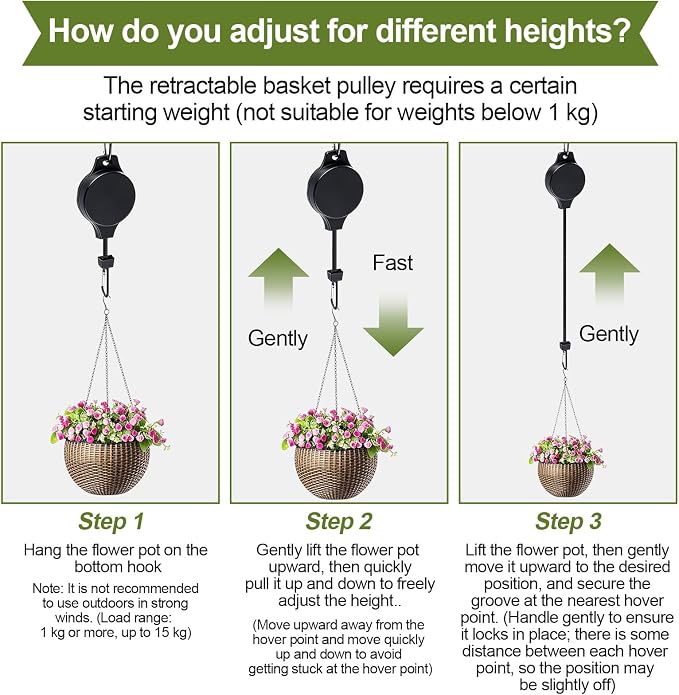 Retractable Plant Hanger with Pulley System, Effortless Raising and Lowering for Indoor and Outdoor Plants, Hanging Planters, Garden Pots & Bird Feeders (4-Pack,Black)