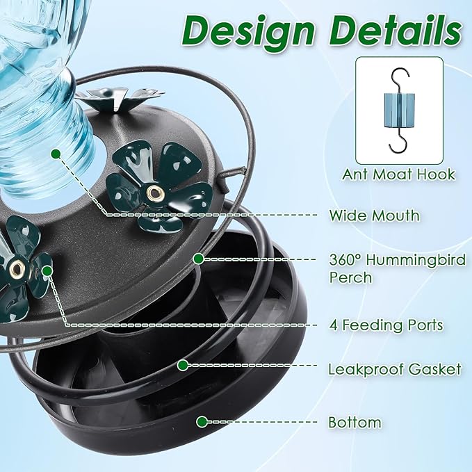 Glass Hummingbird Feeder for Outdoors Hanging, 20oz Bird Nectar Feeder with 4 Bee Guard Flower-Shaped Ports & Built-in Ant Moat, Easy to Clean, for Bird Lover,1 Pack, Blue