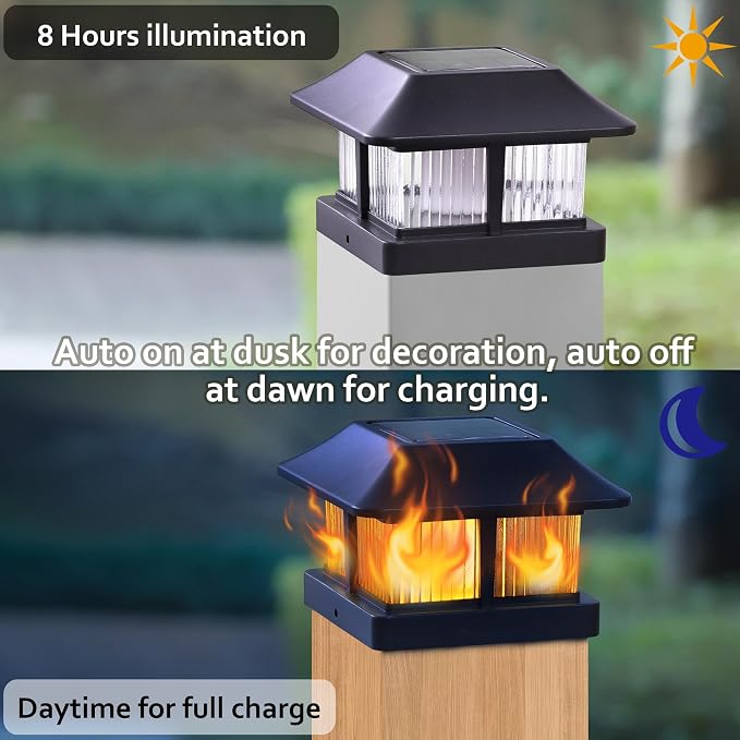 Dynaming Solar Flame Post Cap Lights Outdoor, Solar Powered Fence Post Light, Flickering Flame LED Lantern Lamps Waterproof for Garden Deck Patio, Fit 4x4 Wooden/Vinyl Posts, 2 Pack