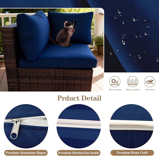14pcs Outdoor Patio Cushion Covers Replacement, 25.6" Zippered Outdoor Cushion Covers Waterproof, UV Resistant & Washable Patio Furniture Cushion Covers Waterproof for Patio Sectional, Navy Blue