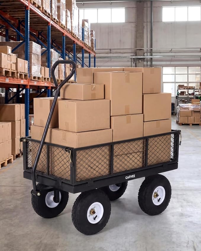 Garvee Versatile Outdoor Utility Cart - 400LBS Heavy-Duty, 10" All-Terrain Pneumatic Tires, Easy Maneuverable Lawn Cart with Removable Mesh Panels for Gardening & Landscaping，Black