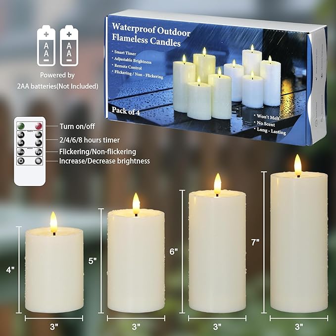 Yeelida Outdoor 4pcs Flameless Waterproof Candles with Handy Remote Control, Cycle Timer Battery Operated Candle Grease Effect LED Flickering Pillar Plastic Long Lasting (Ivory, 3" x4" 5" 6" 7")