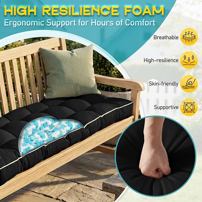 Outdoor Bench Cushion, Tufted Patio Seat Pad for Garden Bench, Porch Swing, Indoor/Outoor Furniture (Black, 36X14X4 inch)