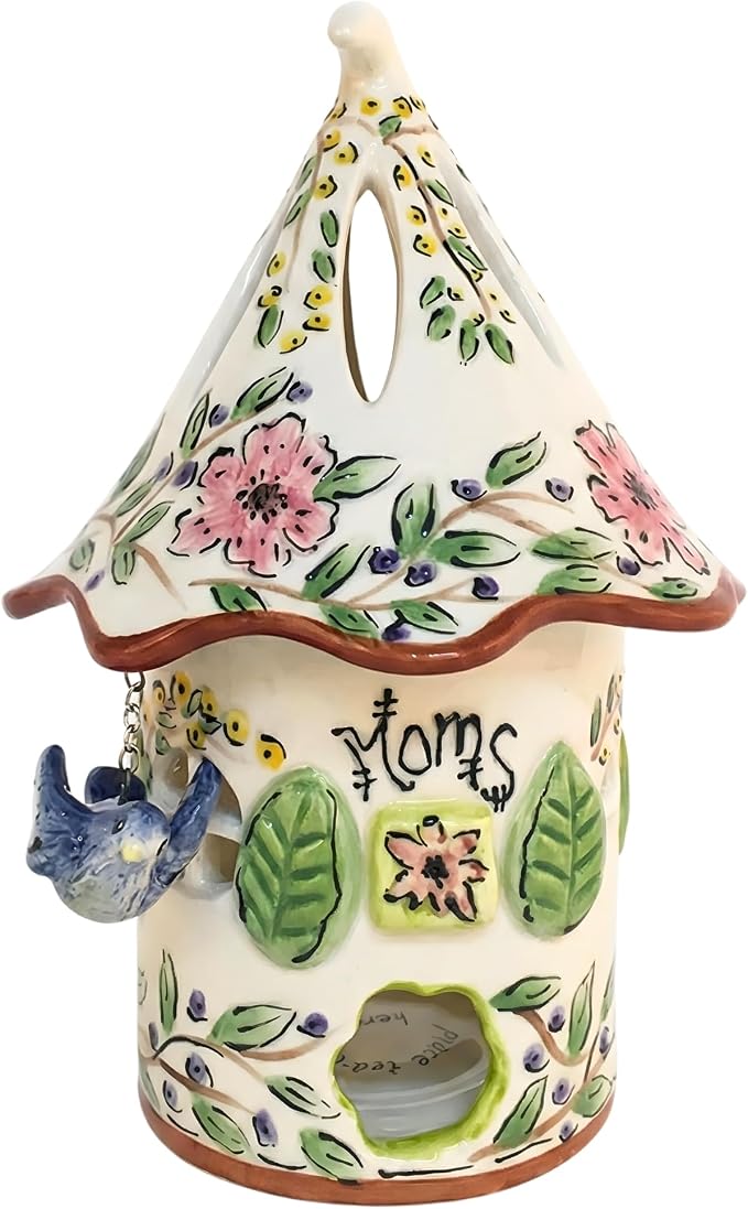 Blue Sky Clayworks Mom Wildflower Blue Bird Candle House, Ceramic, 6" L x 6" W x 9" H, Garden Thank-You Glow