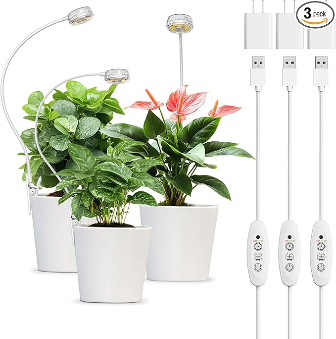 Grow Light, Plant Light for Indoor Plants, Full Spectrum Desk Clip On Grow Lamp with Automatic Timer for 4H/8H/12H, 4 Dimmable Levels, 3 Pack